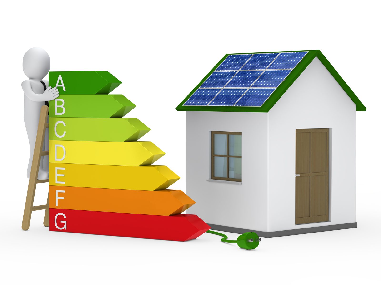 Energieausweis mit Farbskala von Grün bis Rot auf einem Tisch neben Hausunterlagen