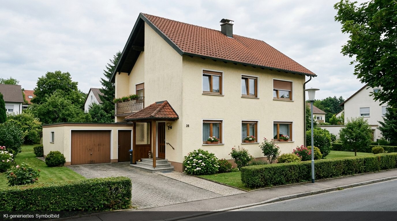 Einfamilienhaus aus den 1960er-Jahren mit Satteldach in einer fränkischen Siedlung