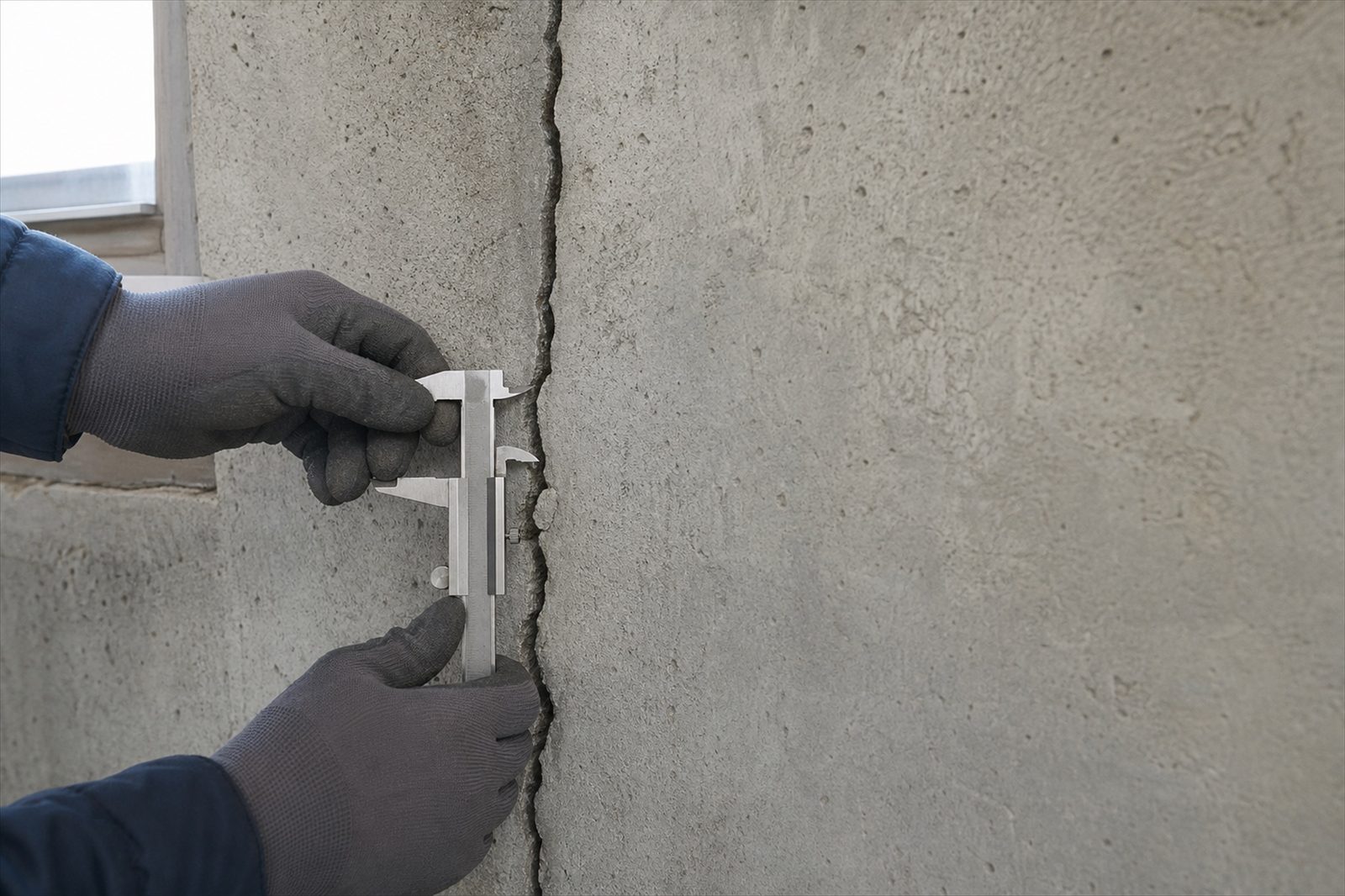 Hand mit Messschieber misst die Breite eines Risses in einer Betonwand