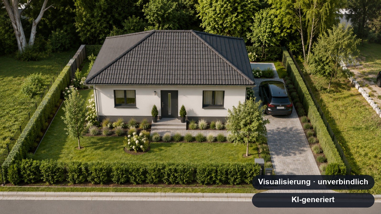 Visualisierung eines möglichen Bungalows auf dem Grundstück in Goldmühl – KI-generiert, unverbindlich
