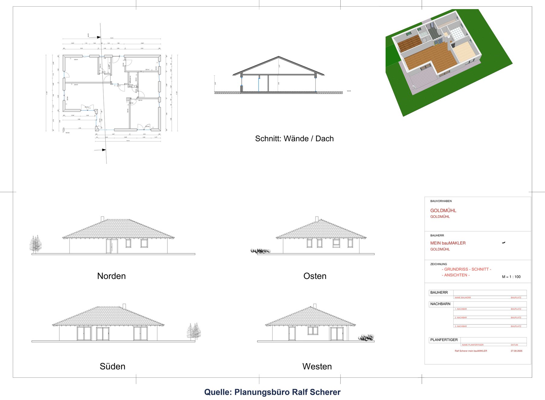 Beispiel-Bauplan des Bungalows: Grundriss, Schnitt und Ansichten – Quelle: Planungsbüro Ralf Scherer