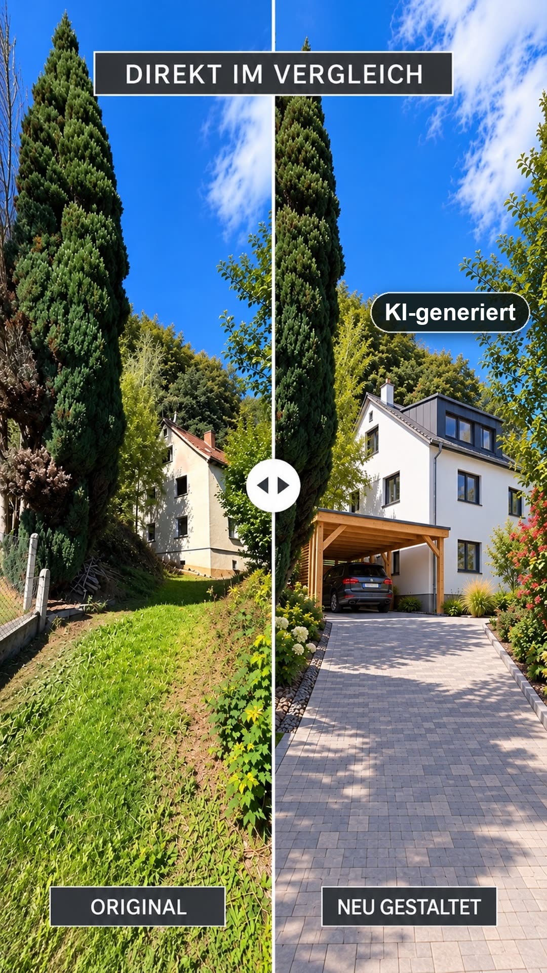 Vergleich: links das Haus im heutigen Zustand, rechts eine KI-generierte Darstellung nach einer Sanierung